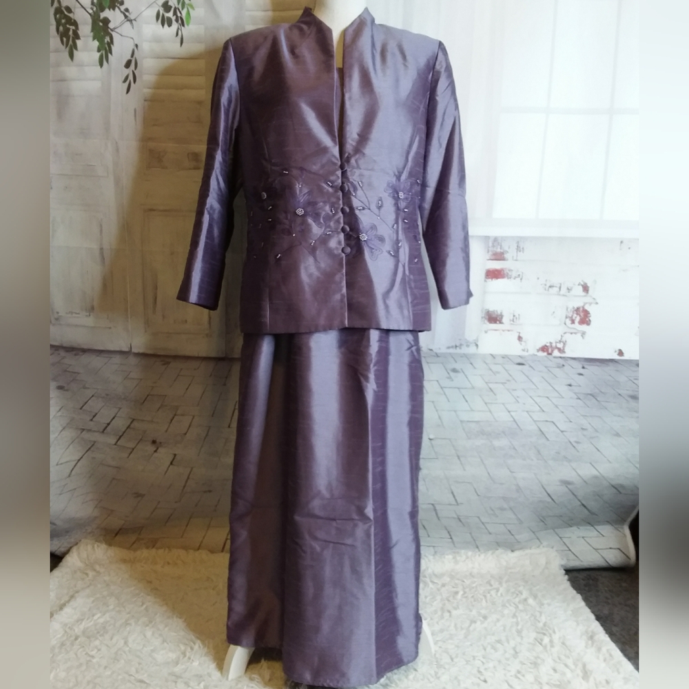 Jessica Howard purple formal MOB embellished pearl two pc jacket dress set sz 12